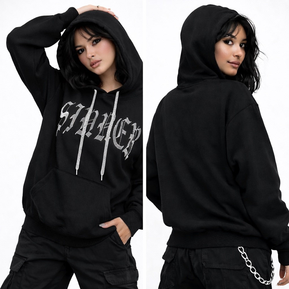 YOURS TRULY “Sinner” Rhinestone Studded Hoodie Sweatshirt Pullover Black Size S